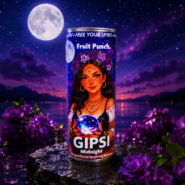 Gipsy Fruit Punch can with a mystical design against a moonlit lake background