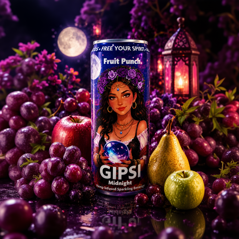Gipsy Fruit Punch can with a mystical design against a moonlit lake background